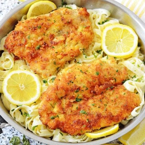 Romano Chicken With Lemon Garlic Pasta